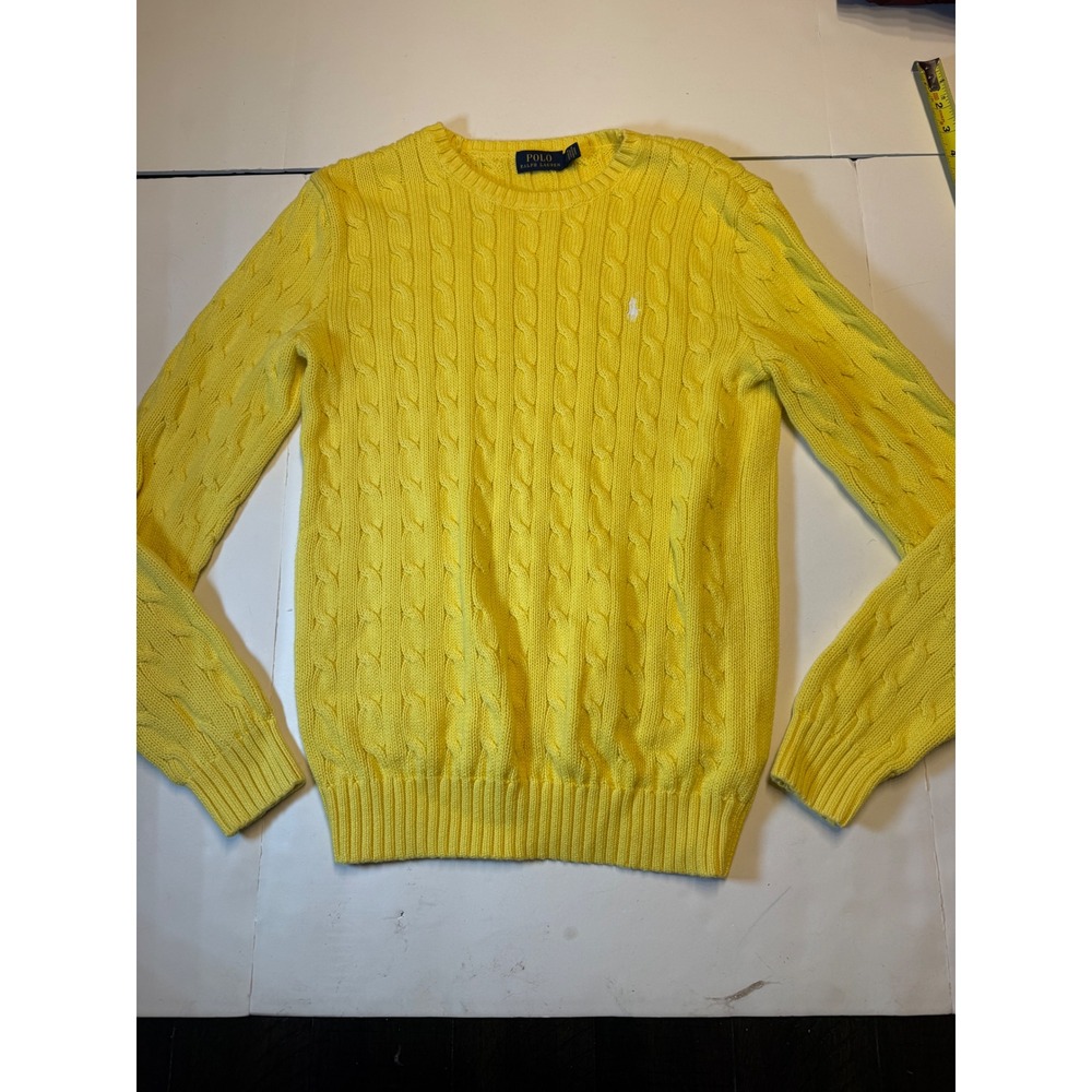Polo Ralph Lauren Womens Yellow Cable Knit Crewneck Sweater Size Large Pony Logo
